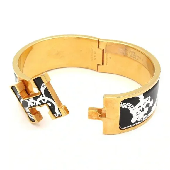 HERMES Clic Clac H Gold Black White Hardware Patent Leather Bangle - Picture 5 of 10